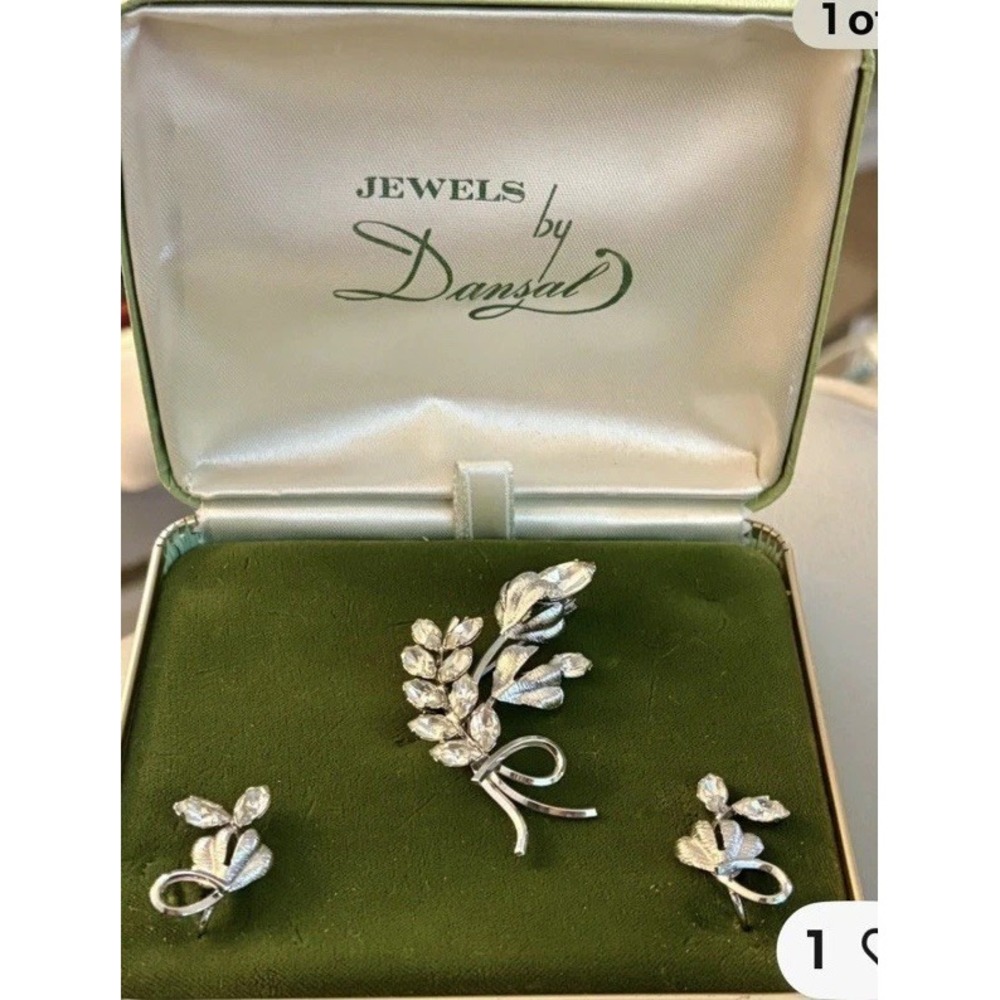 VTG Sterling Silver STAR-ART Rhinestone Brooch & Screw Back Earrings in Case